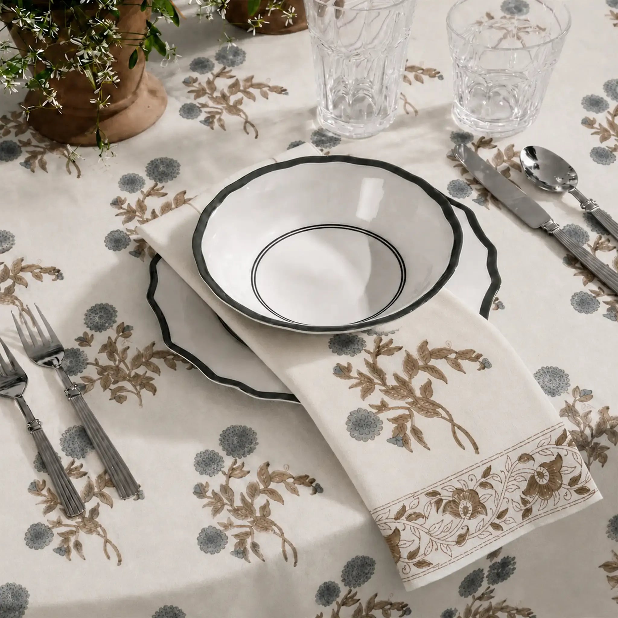 Ditsy Press Aqua & Pink Hand Block Printed Cotton Napkins