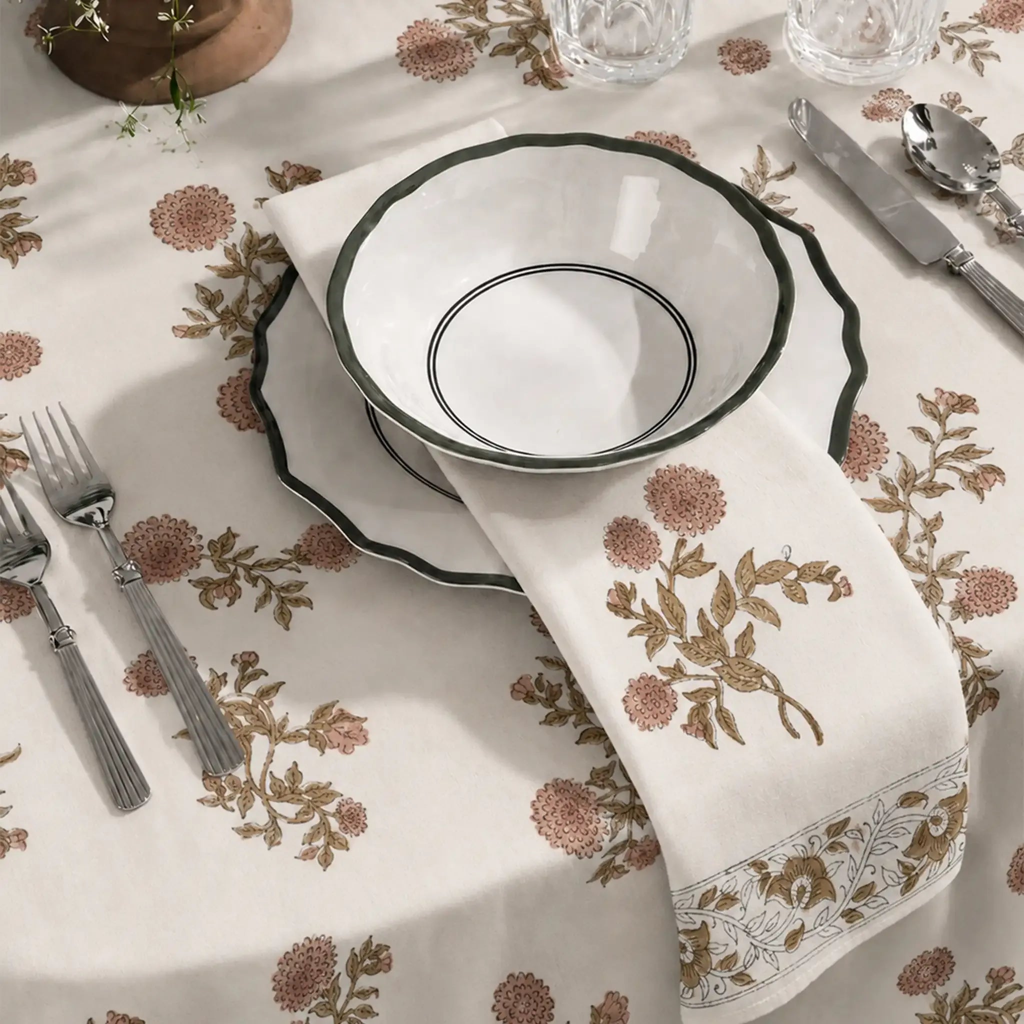 Ditsy Press Beige & Blue Hand Block Printed Cotton Napkins