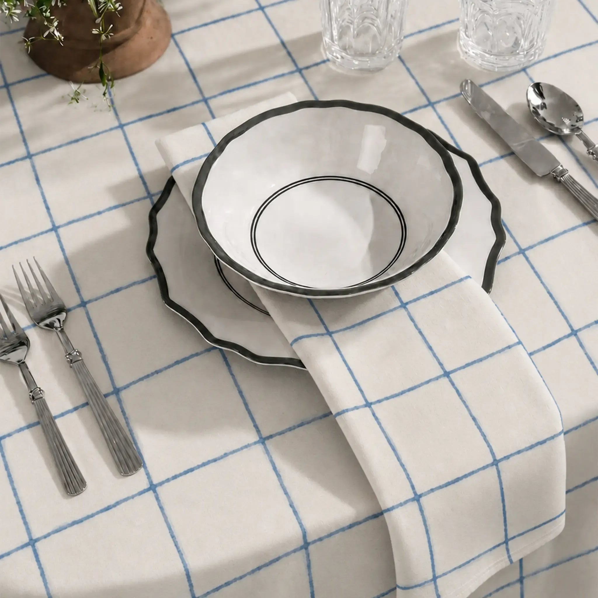 Soft Checks Blue Hand Block Printed Cotton Napkins