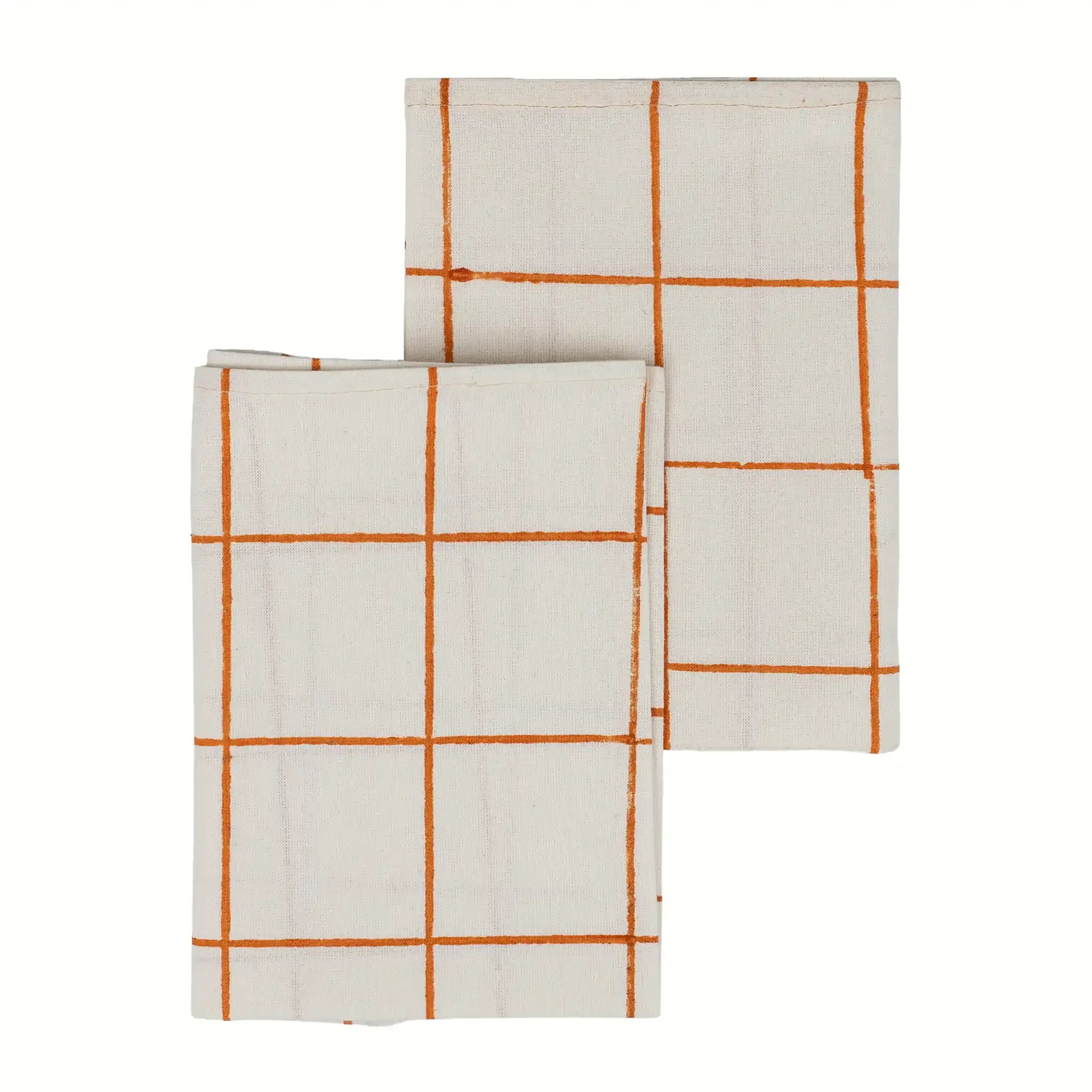 Soft Checks Orange Hand Block Printed Cotton Napkins