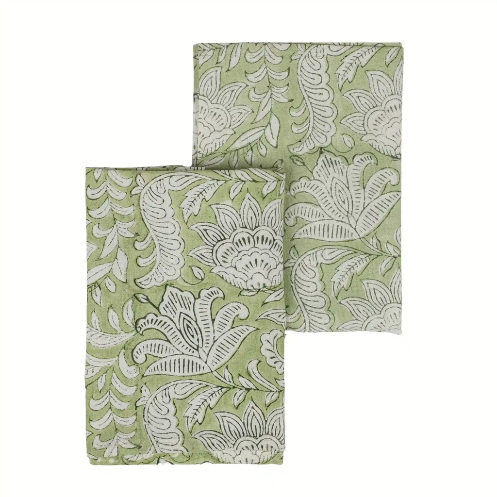 Garden Sage Green & Olive Green Hand Block Printed Cotton Napkins