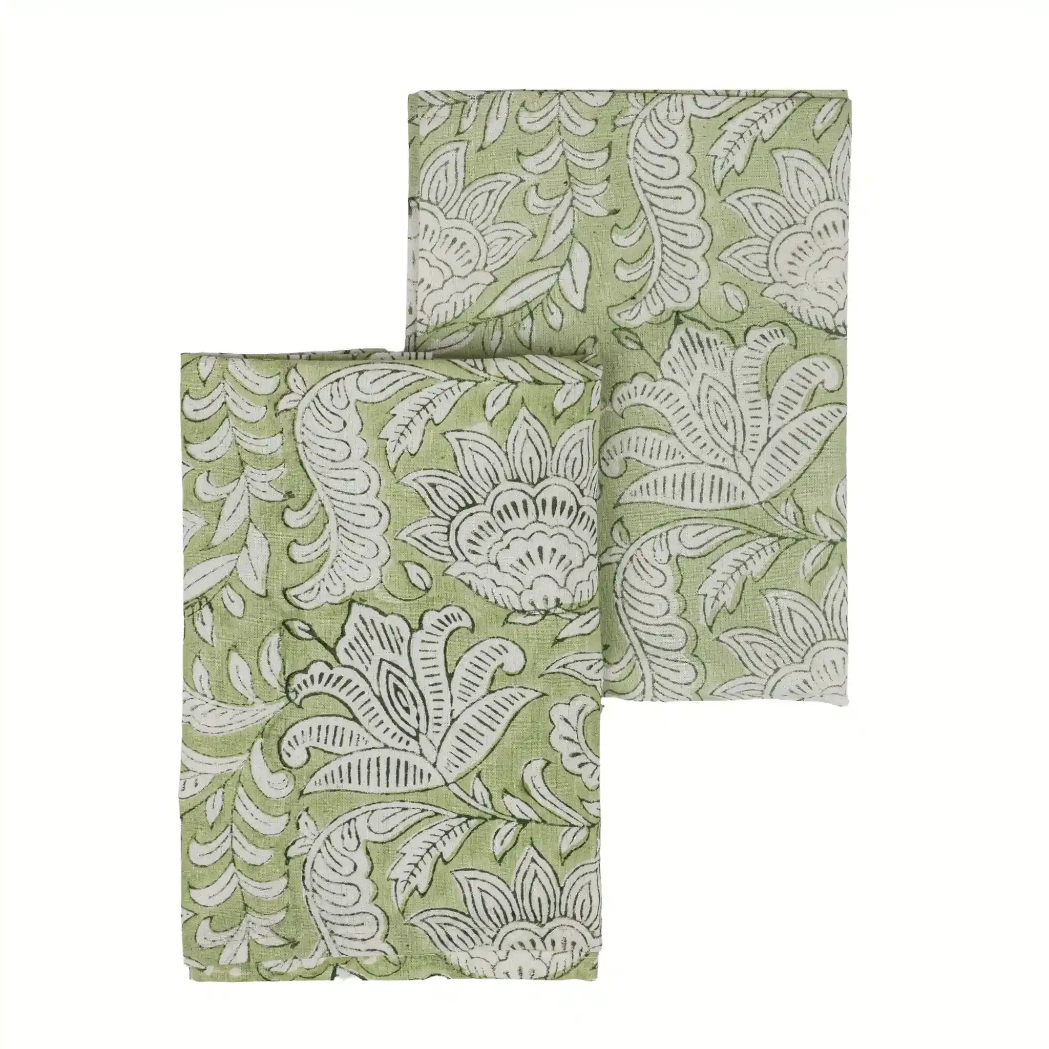 Garden Sage Green & Olive Green Hand Block Printed Cotton Napkins
