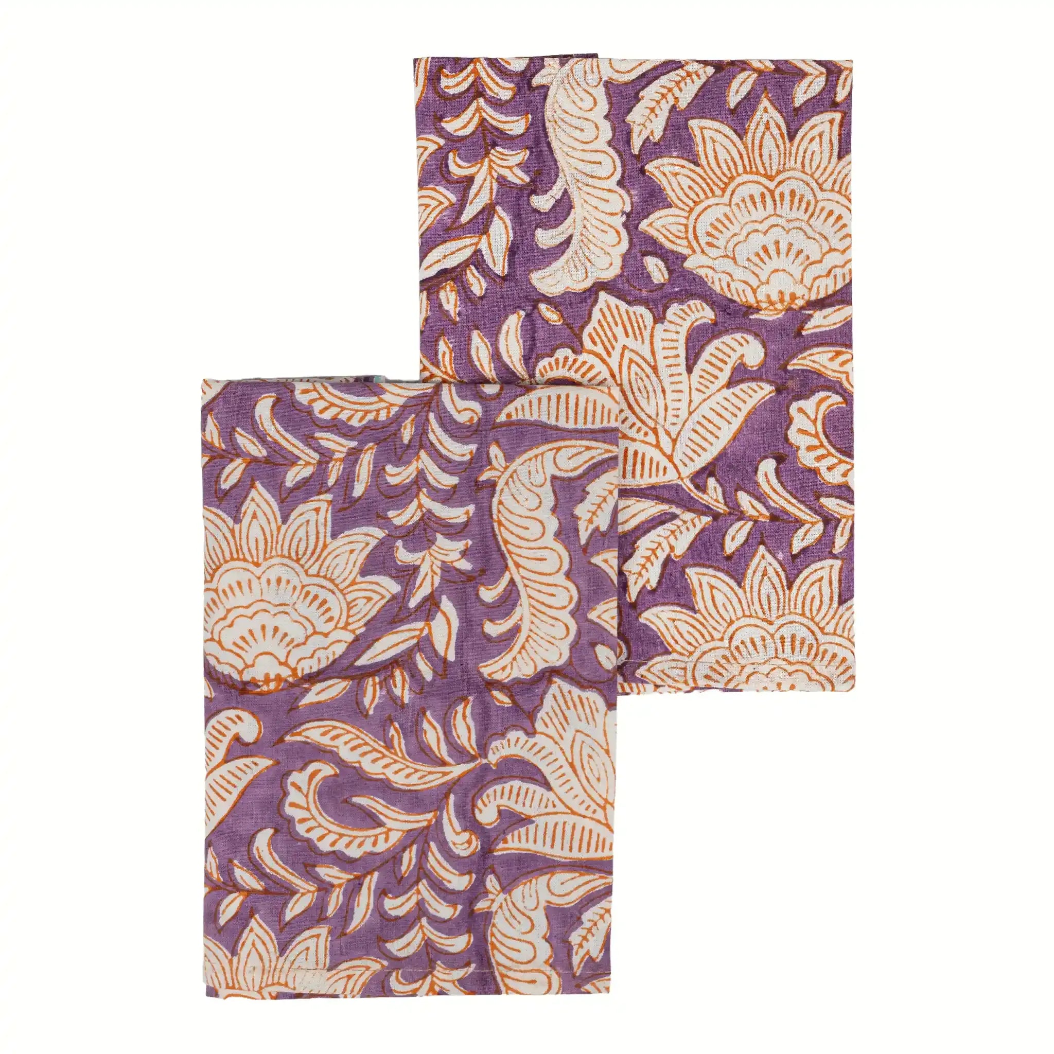 Garden Purple & Orange Hand Block Printed Cotton Napkins