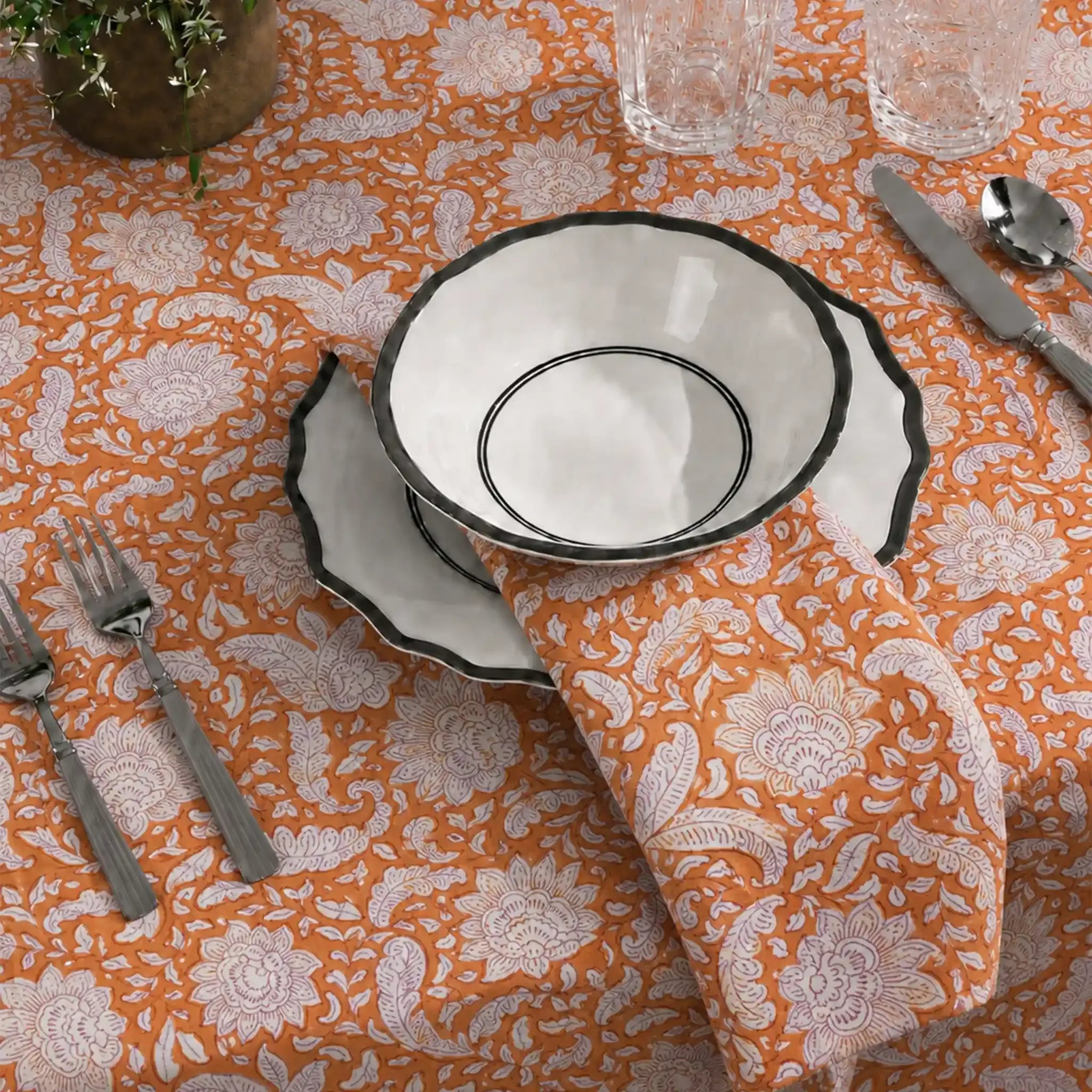 Garden Orange & Purple Hand Block Printed Cotton Napkins