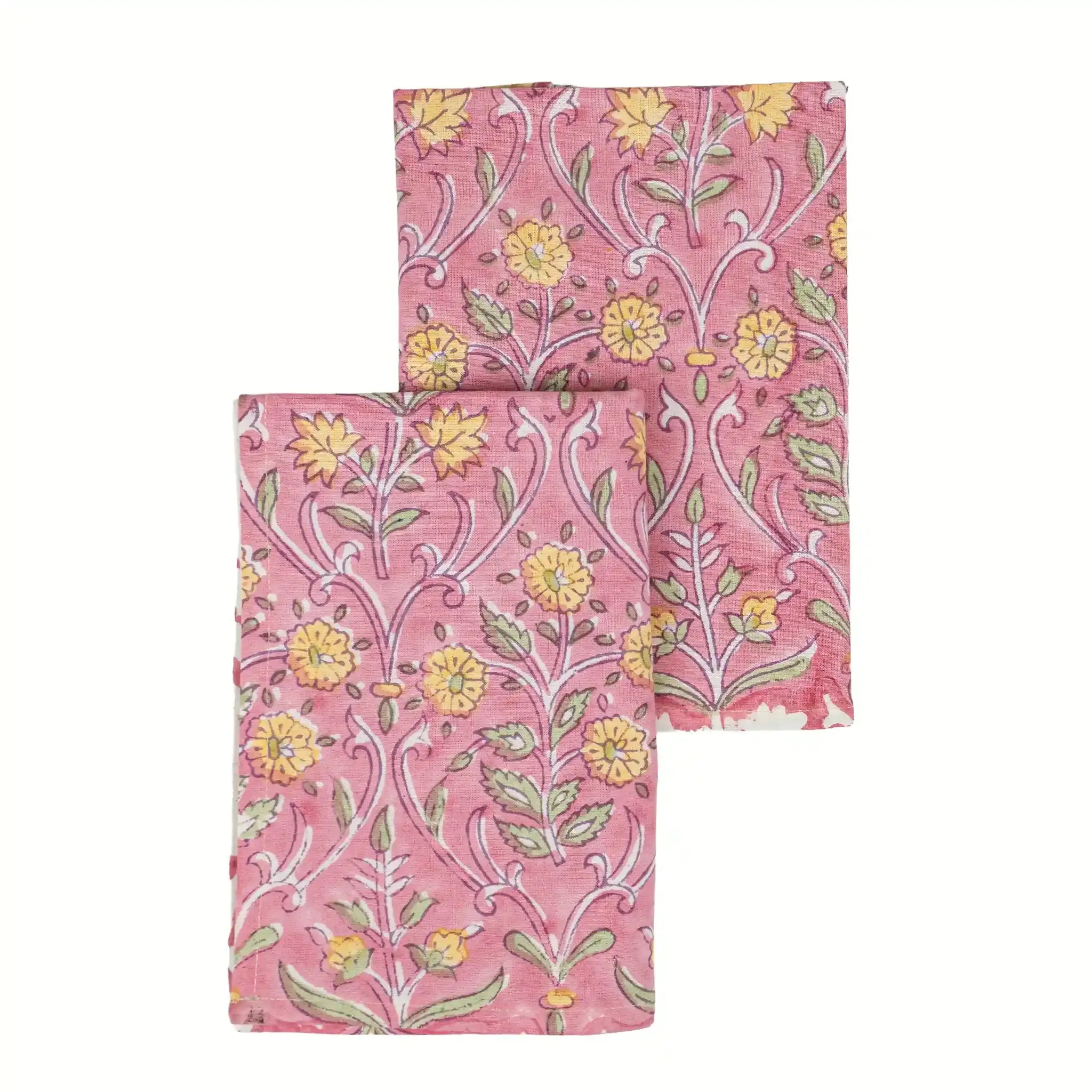 Garden Archive Salmon Pink & Yellow Hand Block Printed Cotton Napkins