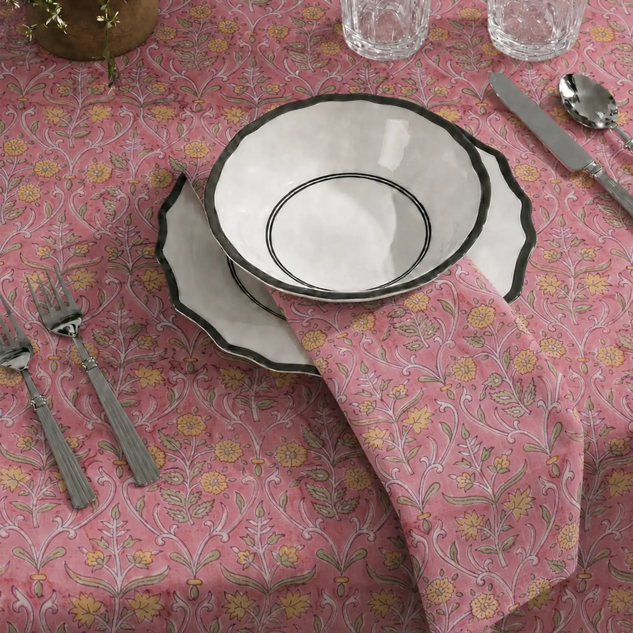 Garden Archive Salmon Pink & Yellow Hand Block Printed Cotton Napkins