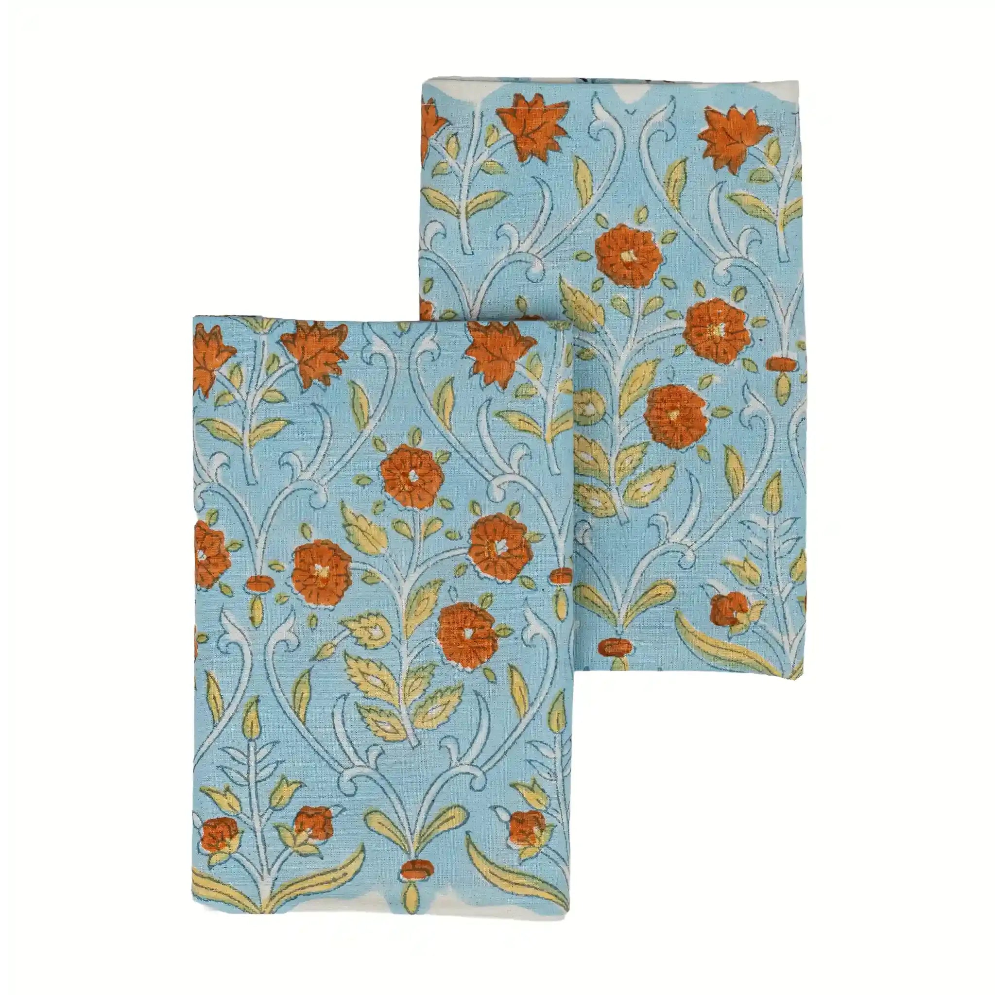 Garden Archive Ice Blue & Dusk Orange Hand Block Printed Cotton Napkins