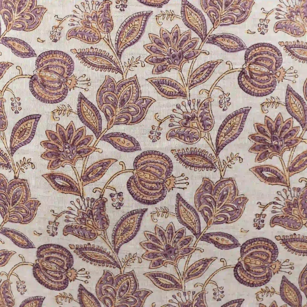 Hand block printed natural linen pillow cover featuring a purple and plum botanical floral vine pattern.