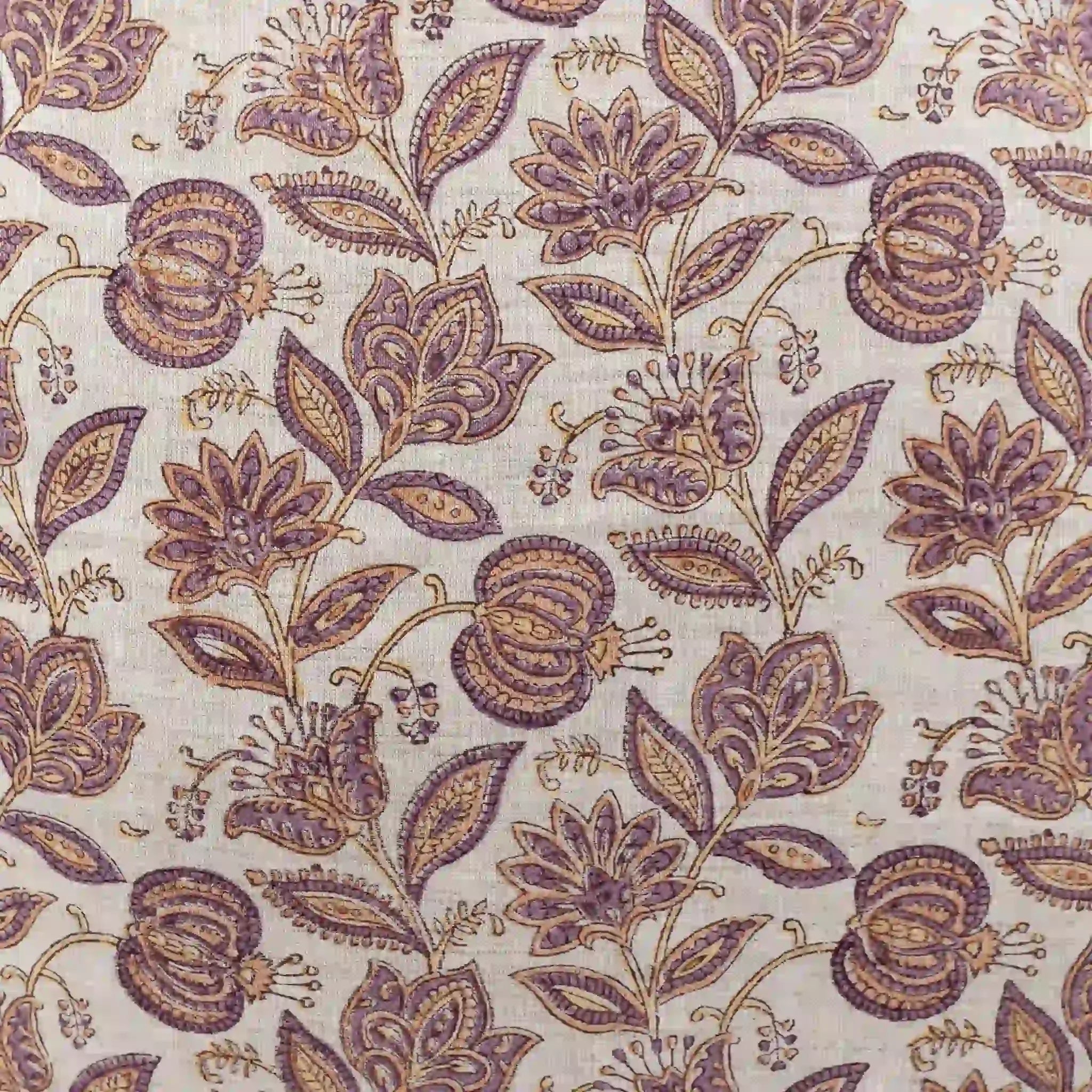 Hand block printed natural linen pillow cover featuring a purple and plum botanical floral vine pattern.