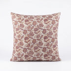Hand block printed natural linen pillow cover featuring purple and plum wine botanical floral vine motifs.