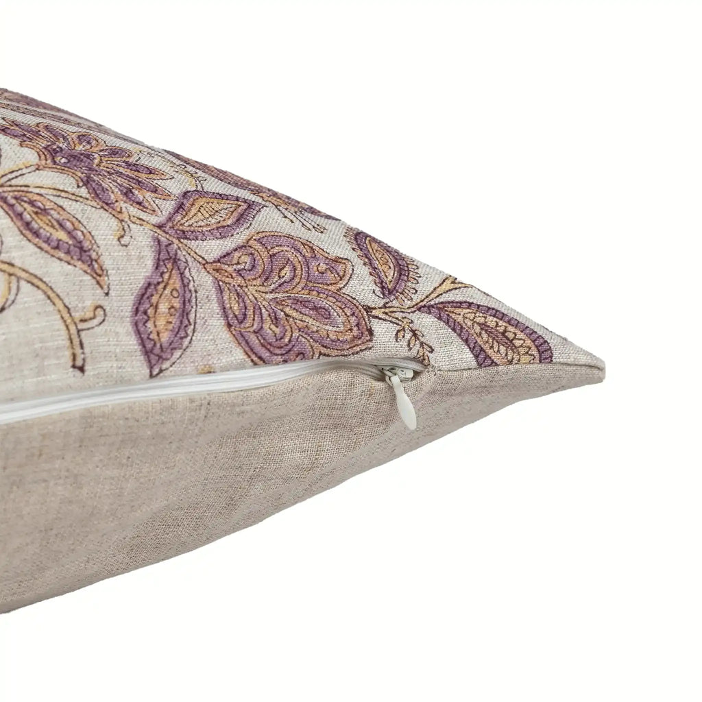Hand block printed natural linen pillow cover featuring purple and plum wine botanical floral vines with a zipper.