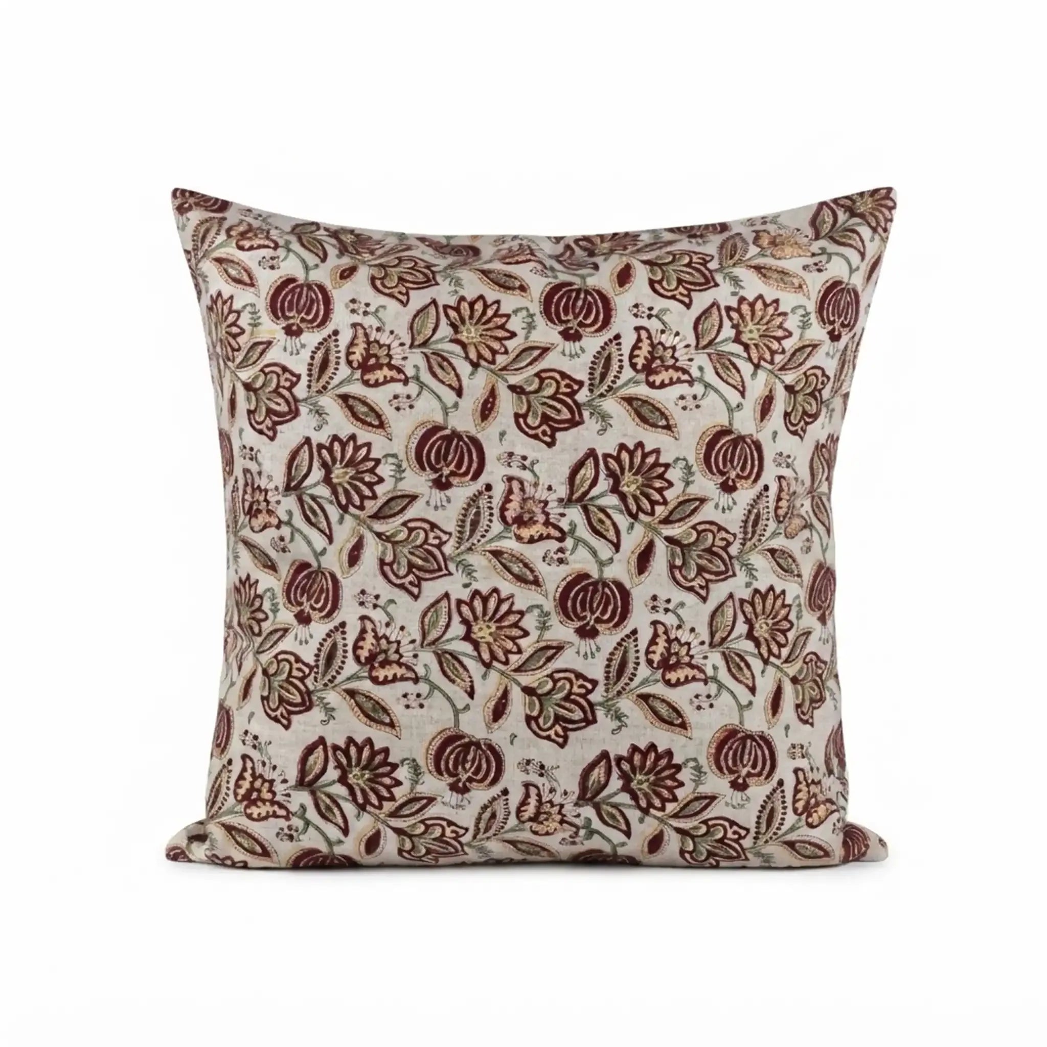 Hand block printed linen pillow cover in natural, red, and plum wine with a botanical floral vine pattern.