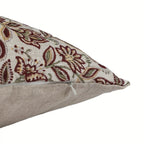 Hand block printed natural linen pillow cover with red and plum botanical floral vine motifs and a hidden zipper.