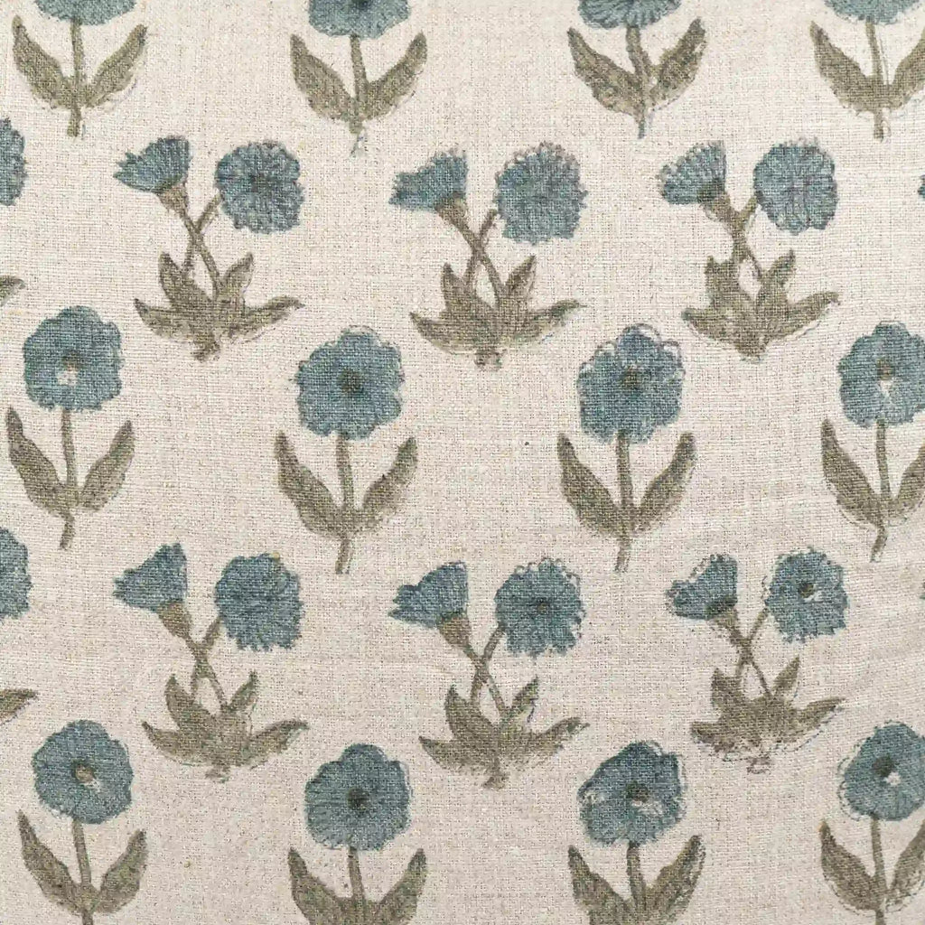 Hand block printed natural linen pillow cover featuring a sage green and blue floral buti motif.