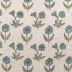Hand block printed natural linen pillow cover featuring a sage green and blue floral buti motif.
