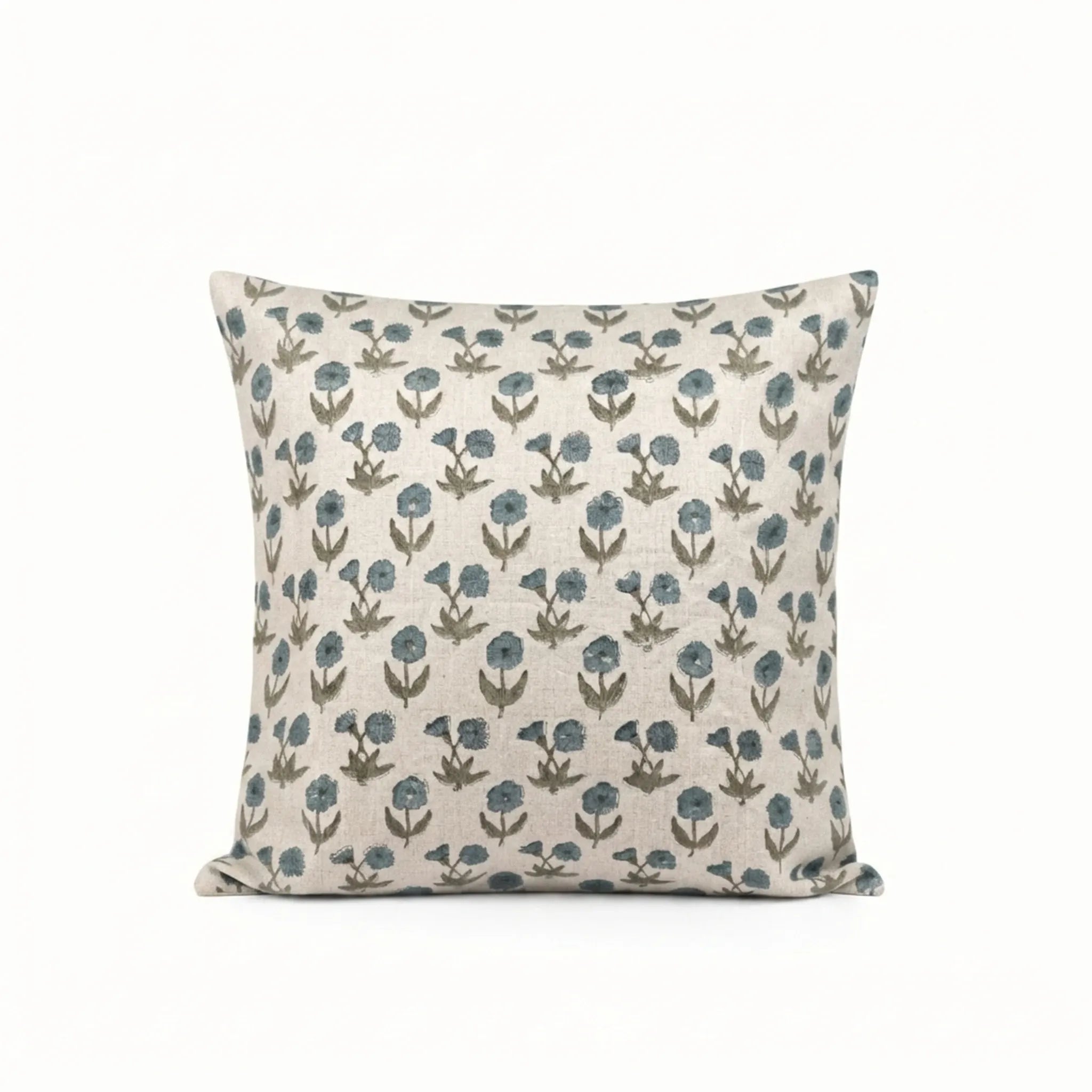 Natural linen pillow cover featuring a hand-block printed sage green and blue floral buti motif on a neutral ground.