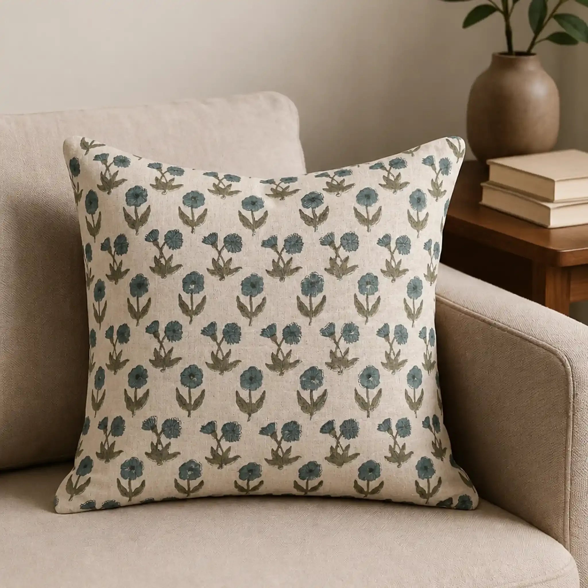 Hand block printed linen pillow cover featuring sage green and blue floral buti motifs on a natural ground.