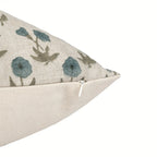 Hand block printed natural linen pillow cover with sage green and blue floral buti motifs and a hidden zipper.