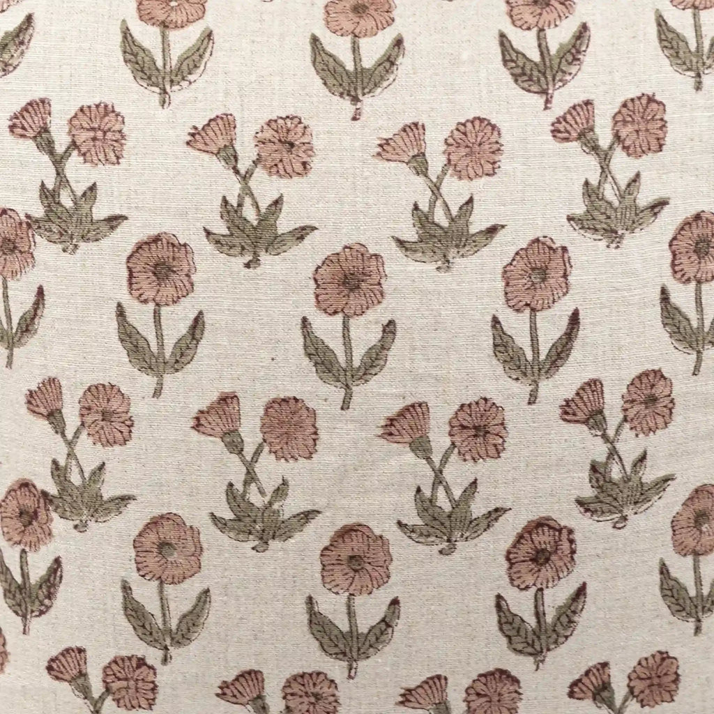 Hand block printed natural linen pillow cover featuring a pink and plum wine floral buti motif on a neutral ground.