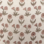 Hand block printed natural linen pillow cover featuring a pink and plum wine floral buti motif on a neutral ground.