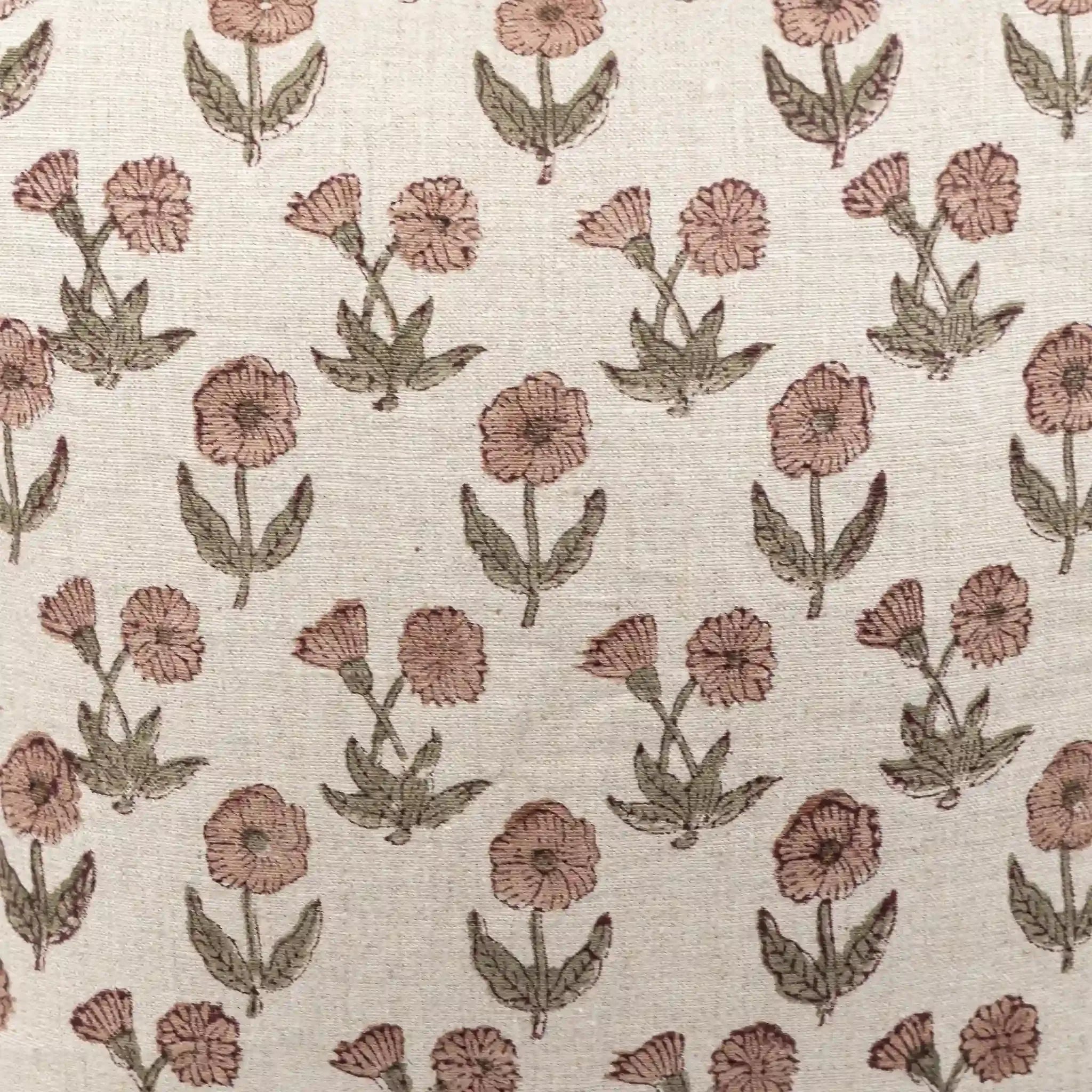 Hand block printed natural linen pillow cover featuring a pink and plum wine floral buti motif on a neutral ground.