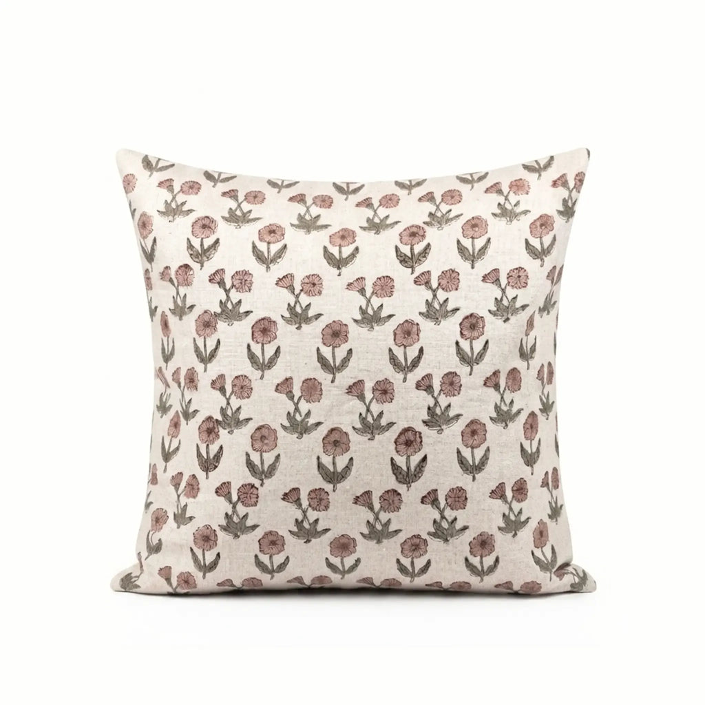 Hand block printed linen pillow cover in natural with pink and plum wine ditsy floral buti motifs.