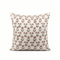 Hand block printed linen pillow cover in natural with pink and plum wine ditsy floral buti motifs.