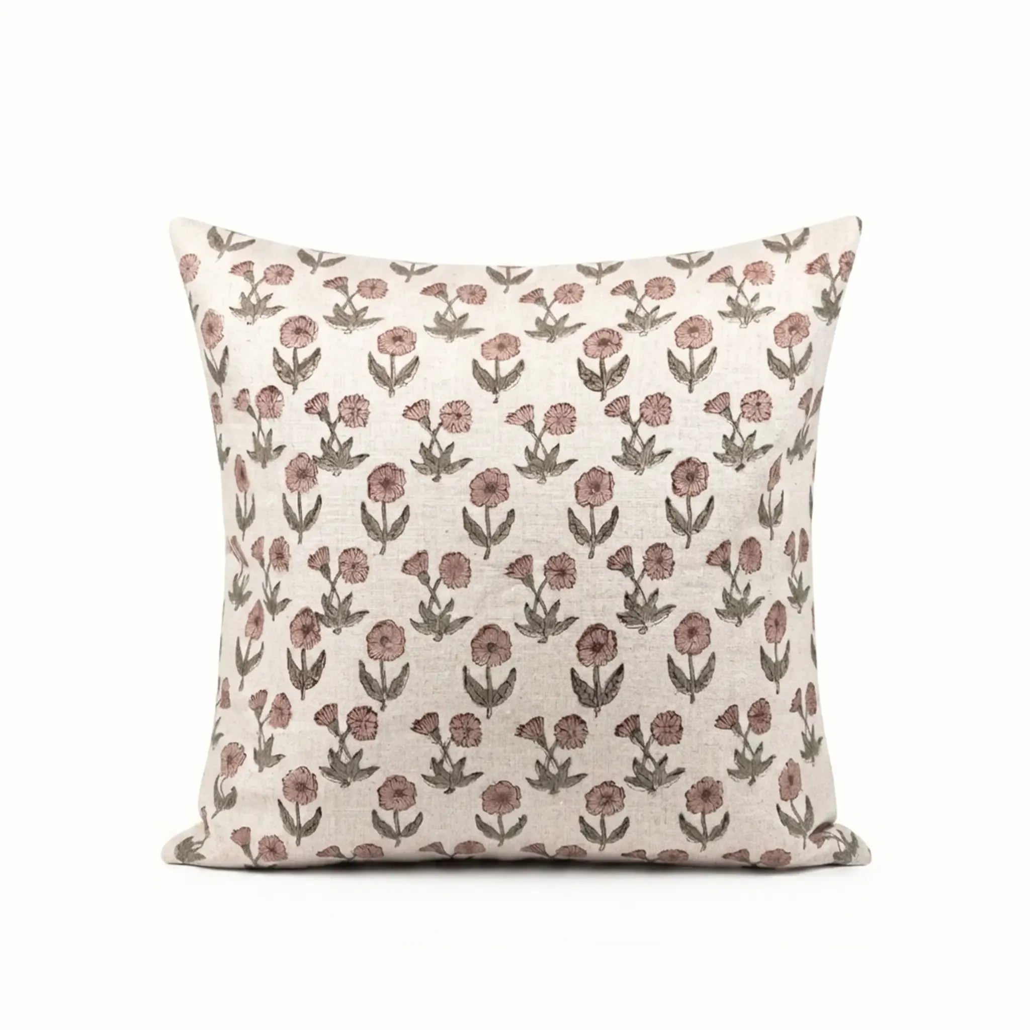 Hand block printed linen pillow cover in natural with pink and plum wine ditsy floral buti motifs.
