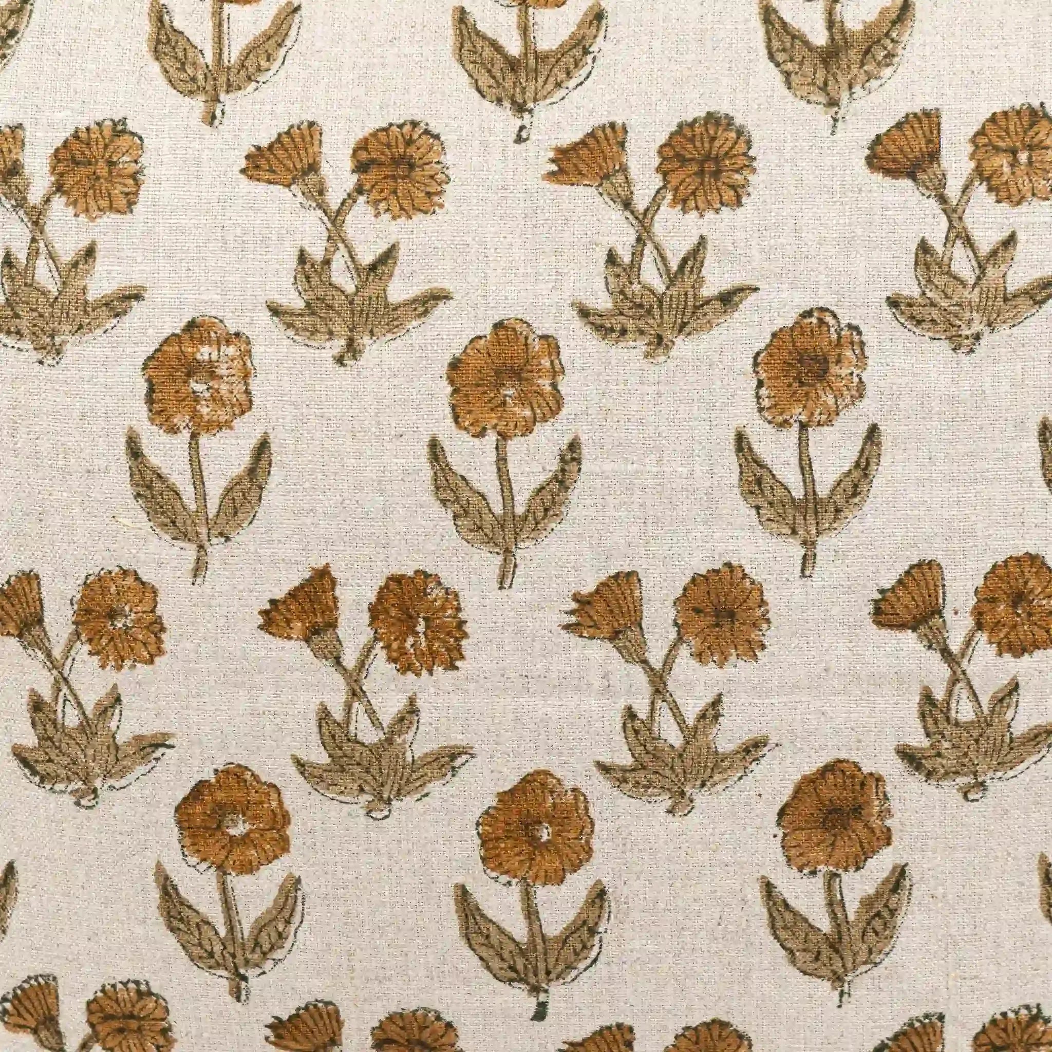 Natural linen pillow cover featuring a hand-block printed floral buti motif in mustard and olive green.