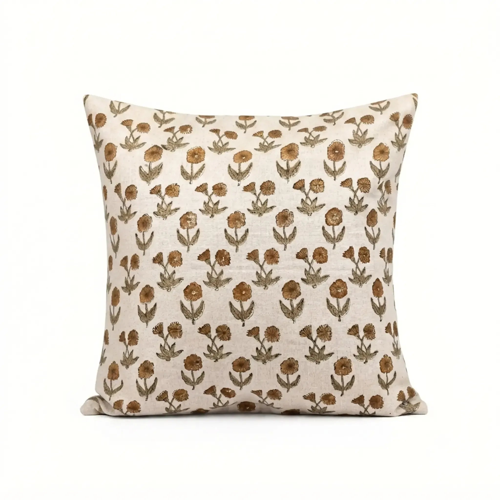 Natural linen pillow cover featuring a hand-blocked mustard and olive floral buti print on a neutral ground.