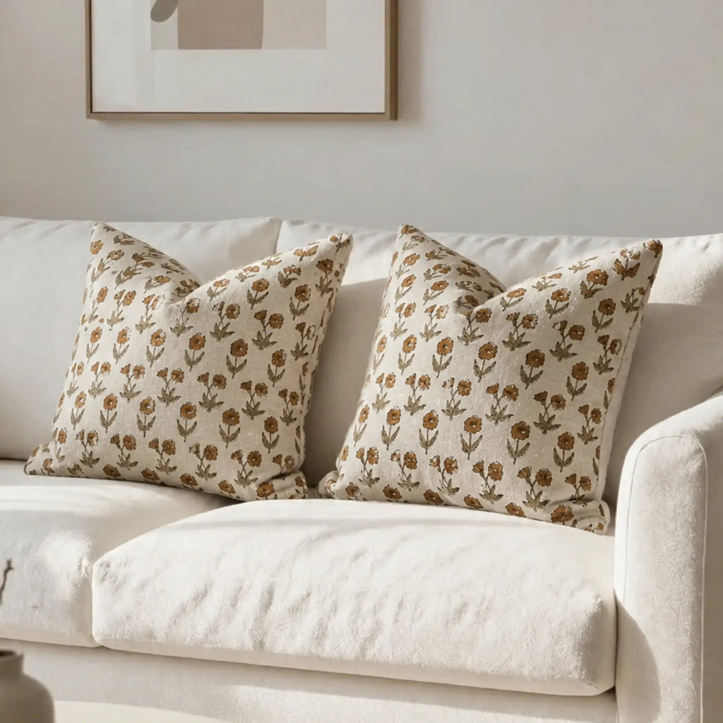 Two linen pillow covers with mustard and olive floral block-printed motifs on a natural ground, resting on a white sofa.