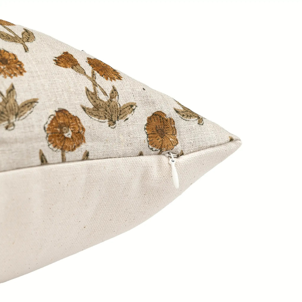 Hand block printed natural linen pillow cover featuring mustard and olive floral buti motifs with a hidden zipper.