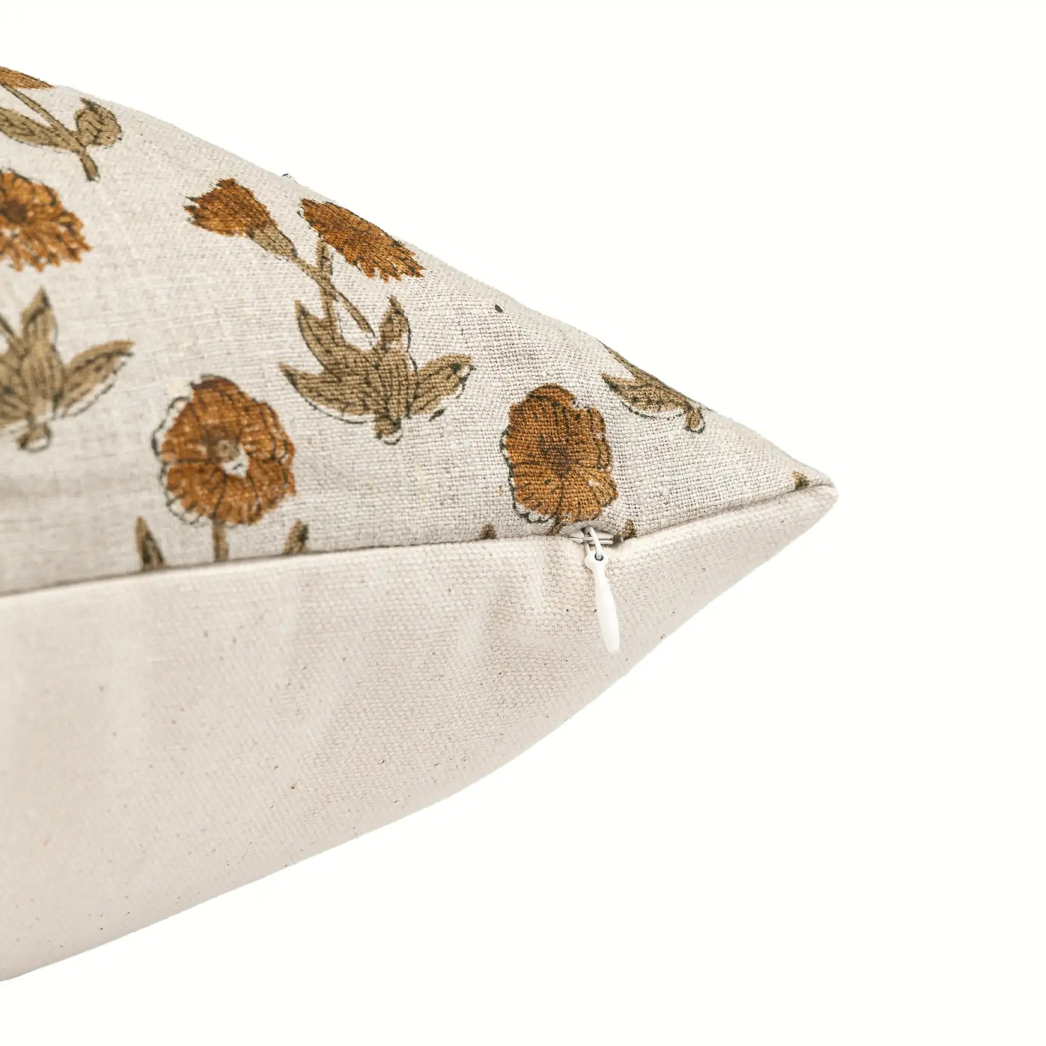 Hand block printed natural linen pillow cover featuring mustard and olive floral buti motifs with a hidden zipper.