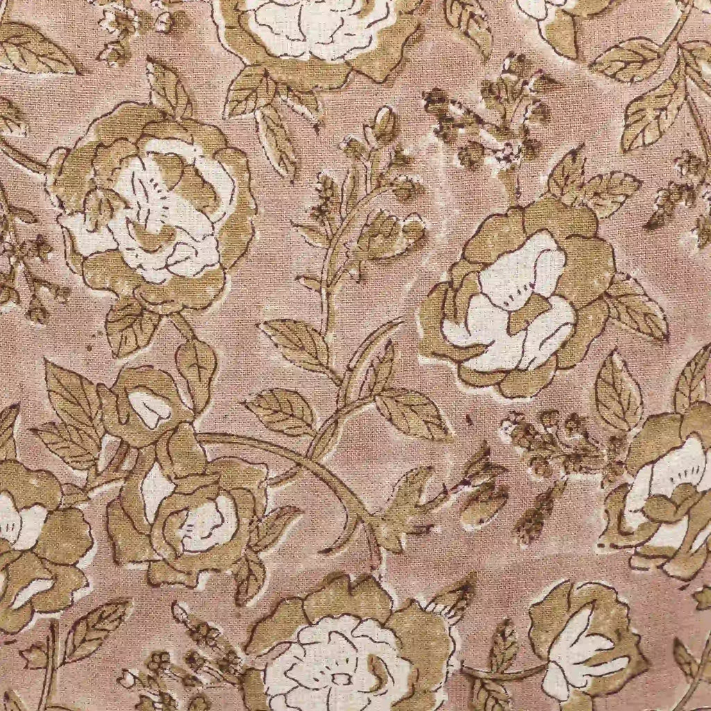 Hand block printed linen pillow cover in blush pink with beige and plum wine botanical floral vine patterns.