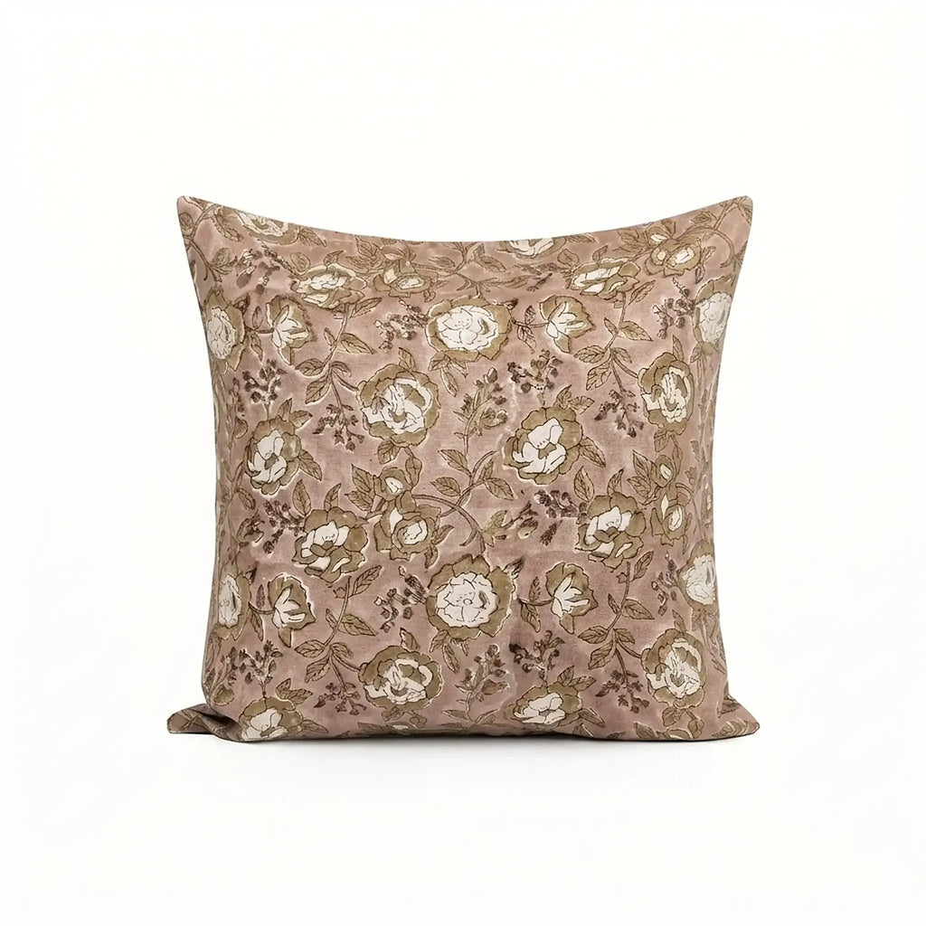 Blush pink linen pillow cover featuring hand-block printed beige and plum wine botanical floral vine patterns.