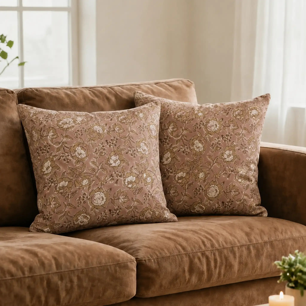 Blush pink linen pillow covers featuring hand block-printed beige and plum wine botanical floral vine patterns.