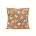 Mustard linen pillow cover with hand block-printed pink beige floral vine motif and red outlines.