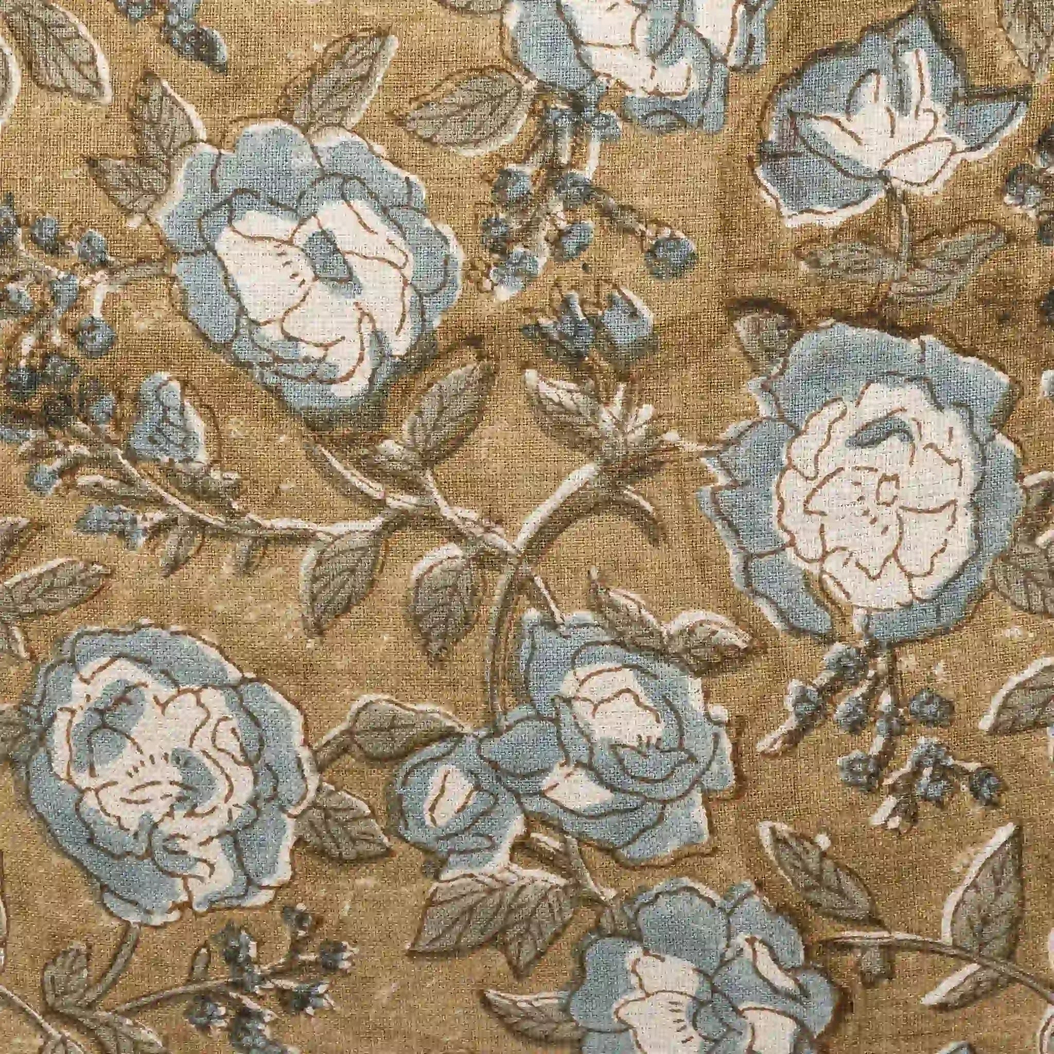 Hand block printed linen pillow cover featuring ice blue botanical floral vines on a textured beige ground.