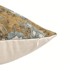 Hand block printed beige linen pillow cover featuring an ice blue and brown botanical vine pattern with a hidden zipper.