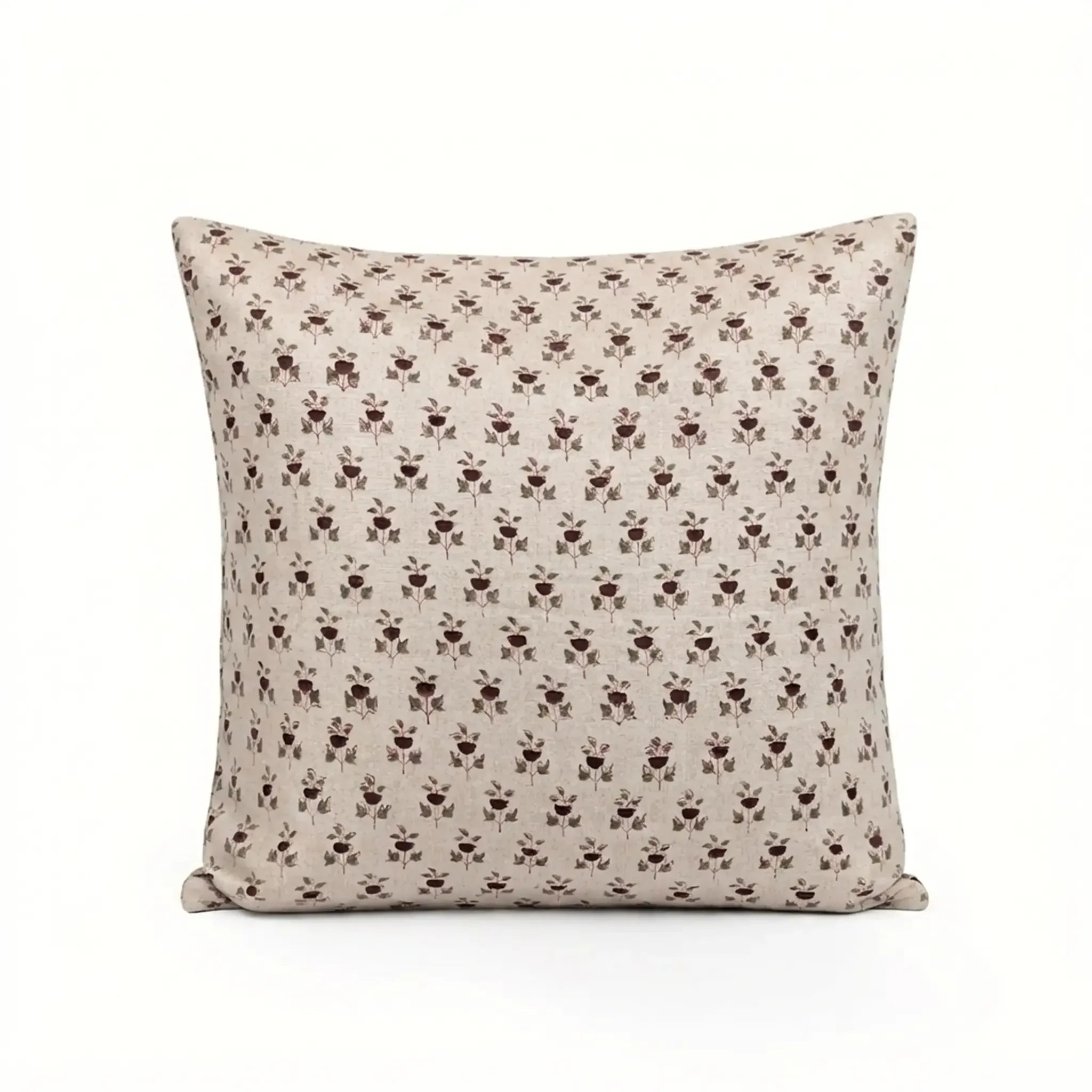 Hand block printed natural linen pillow cover featuring a plum and red ditsy floral buti motif on a neutral ground.