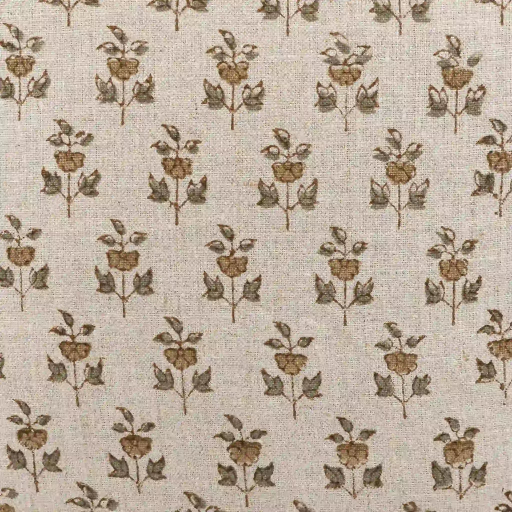 Hand block printed natural linen pillow cover featuring a beige and plum wine floral buti motif.
