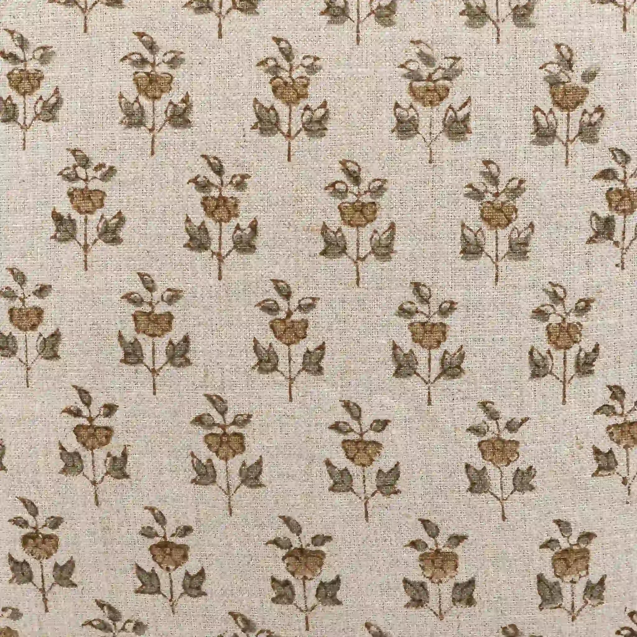 Hand block printed natural linen pillow cover featuring a beige and plum wine floral buti motif.