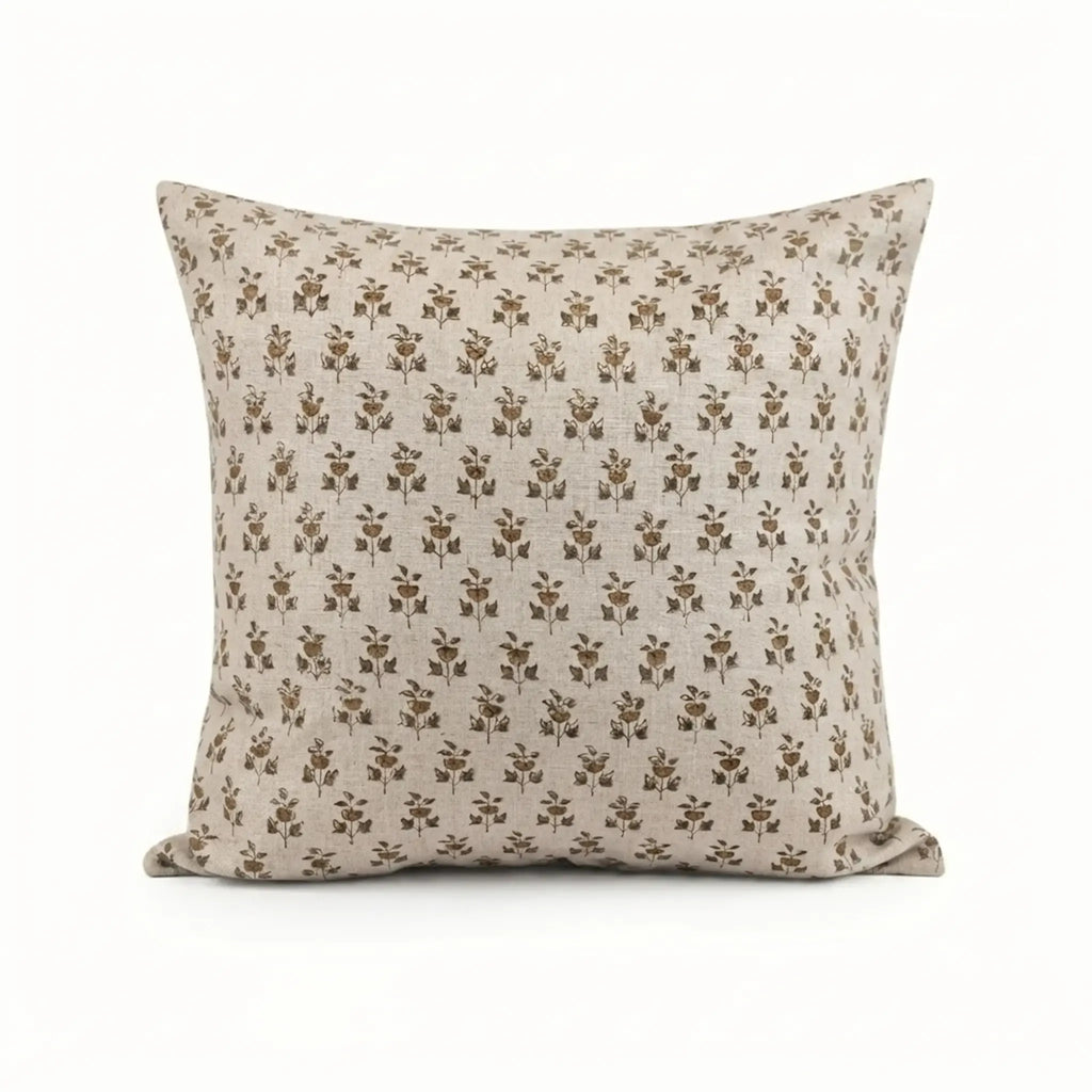 Hand block-printed natural linen pillow cover featuring a beige and plum wine floral buti motif.