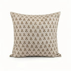 Hand block-printed natural linen pillow cover featuring a beige and plum wine floral buti motif.
