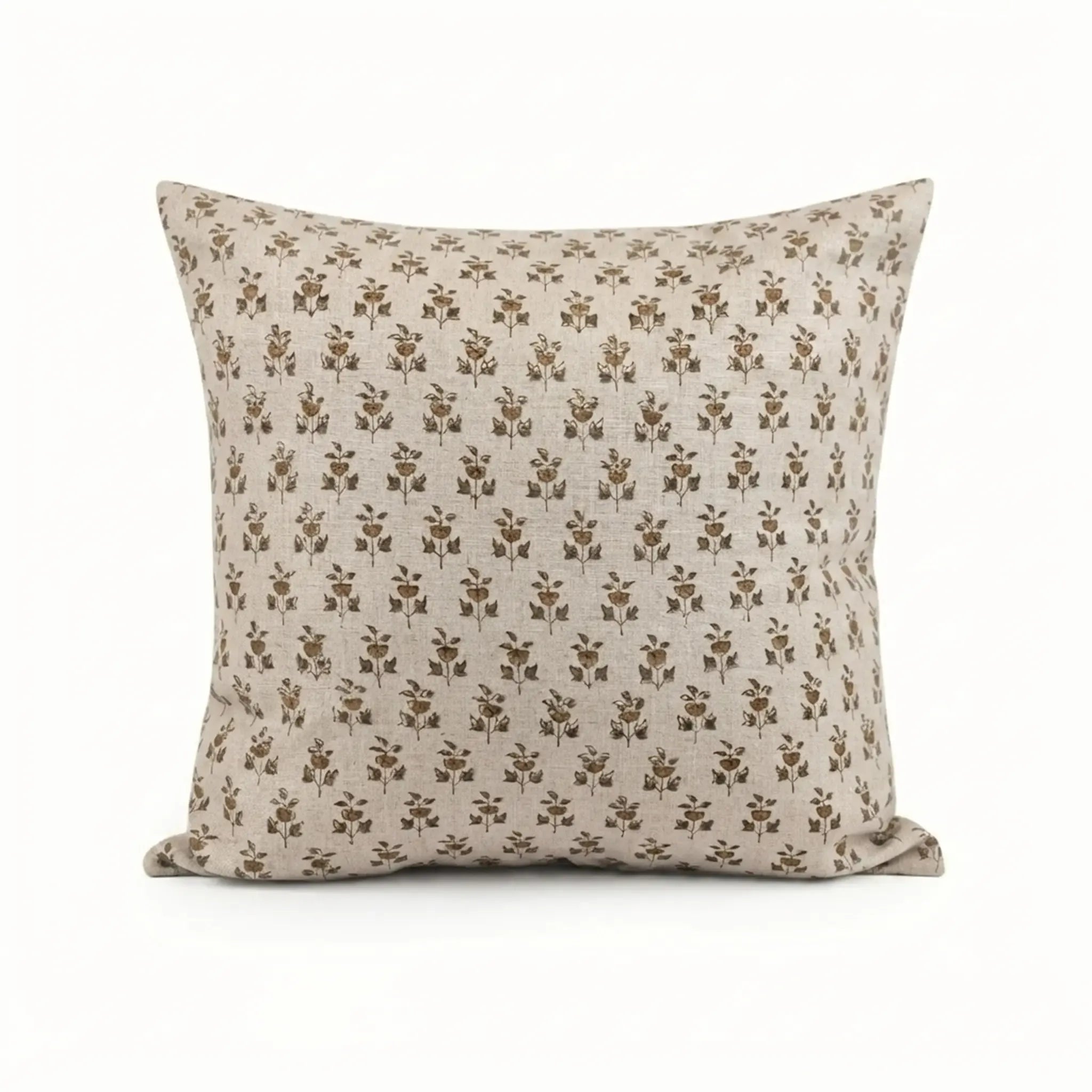Hand block-printed natural linen pillow cover featuring a beige and plum wine floral buti motif.