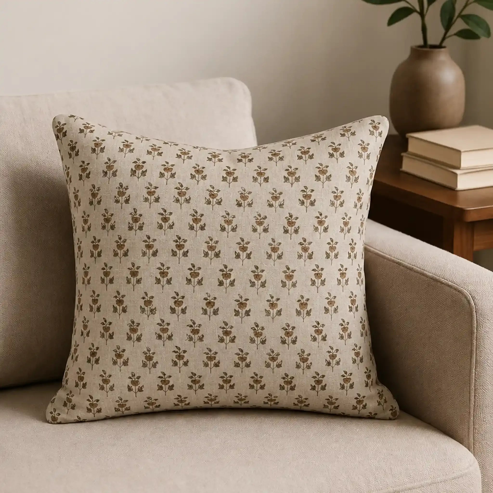 Hand block printed linen pillow cover in natural, beige, and plum wine with a ditsy floral buti motif.