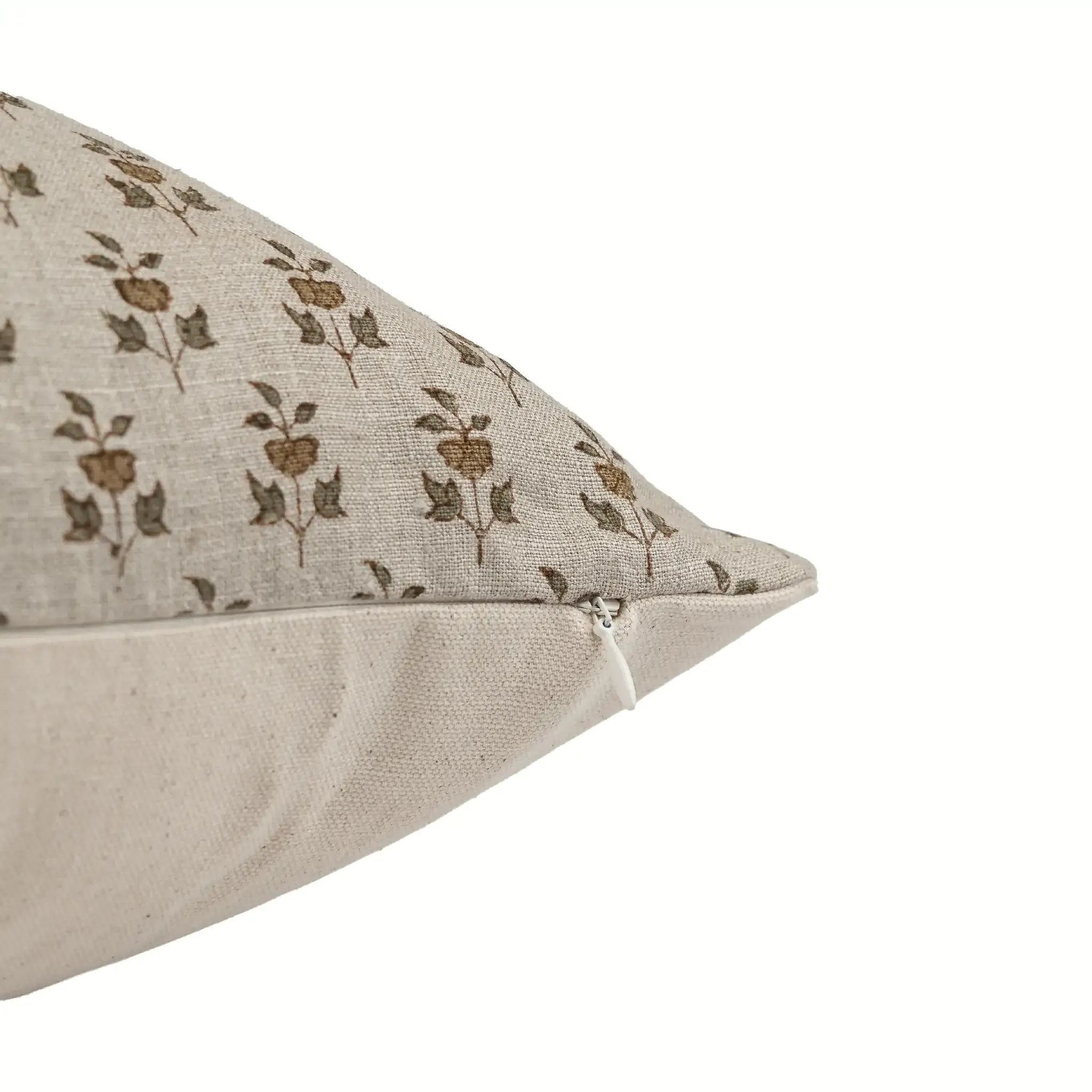 Hand block printed natural linen pillow cover with beige and plum wine floral buti motifs and a hidden zipper closure.