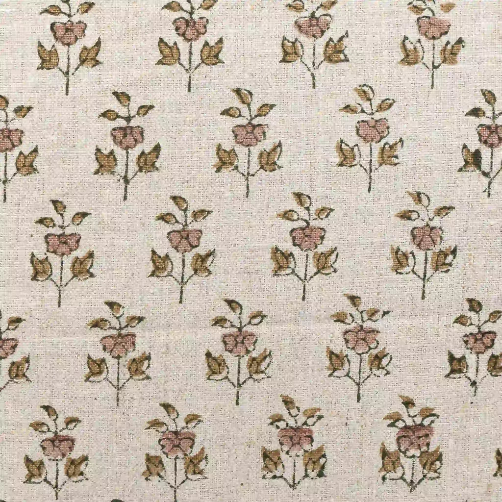 Hand block printed natural linen pillow cover featuring blush pink and olive green floral buti motifs.