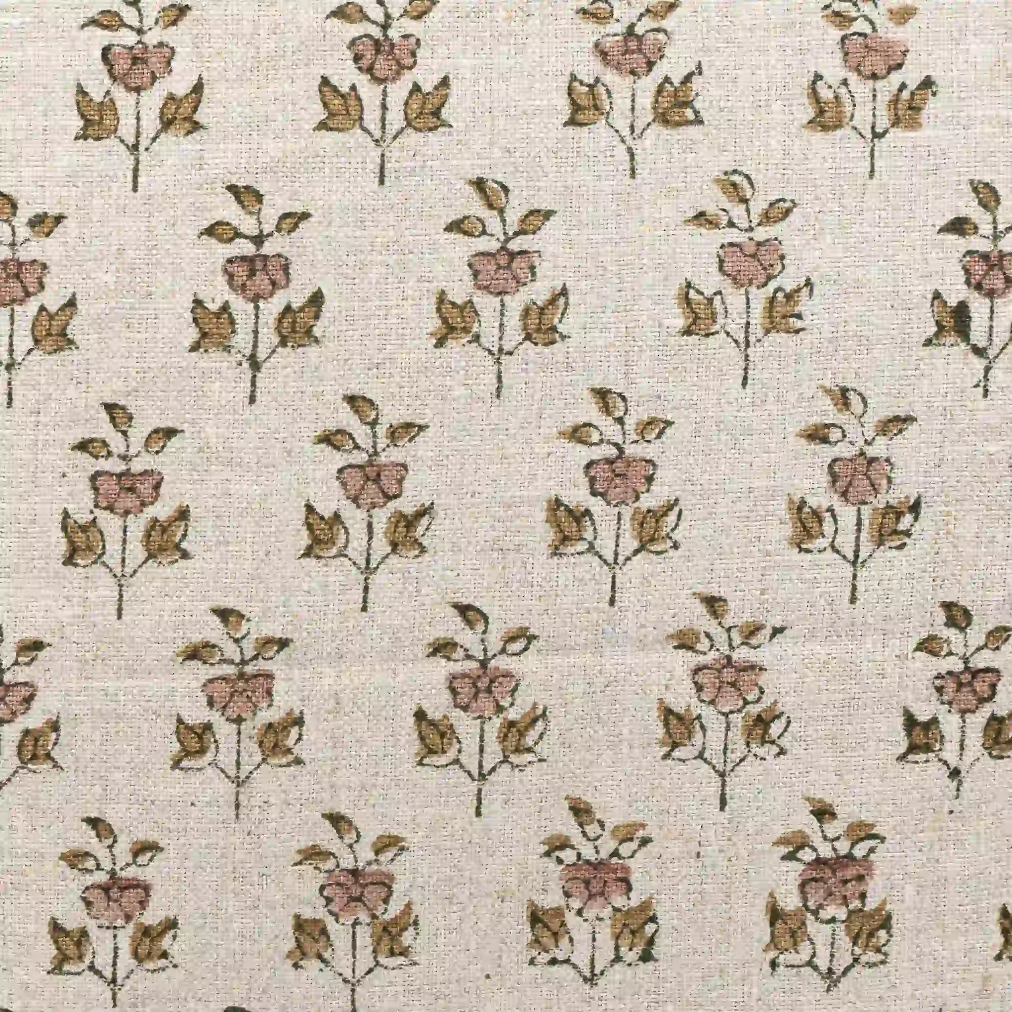 Hand block printed natural linen pillow cover featuring blush pink and olive green floral buti motifs.