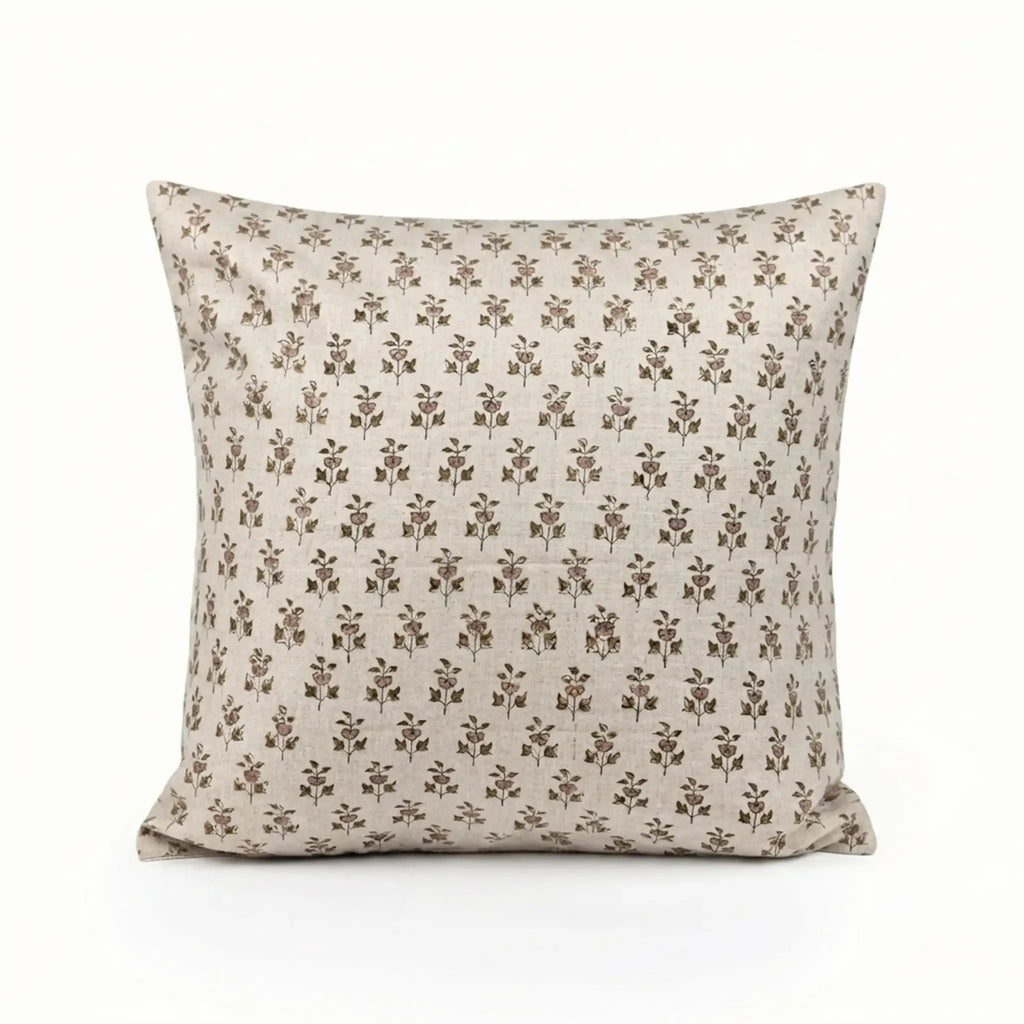 Hand block printed linen pillow cover in natural with blush pink and olive green ditsy floral buti motifs.